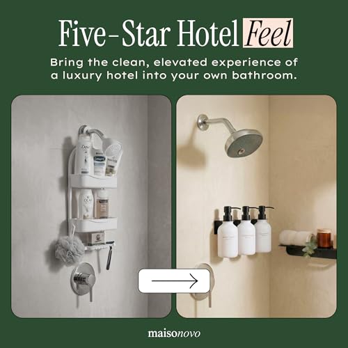 Shampoo and Conditioner Dispenser Wall Mounted Set of 3 White Black - No Drill Shower Soap Dispenser for Bathroom Refillable - Spa Hotel Style Accessories by MaisoNovo - color: White Black Set of 3