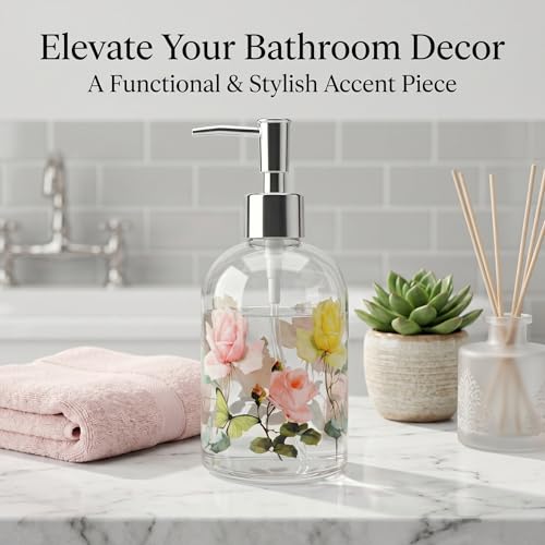 Topadorn 17oz Glass Soap Dispenser with Pump, Refillable Hand Soap Dispenser for Bathroom & Kitchen, Vintage Rose & Butterfly Floral Design, Decorative Farmhouse Countertop Decor - color: Yellow Flower