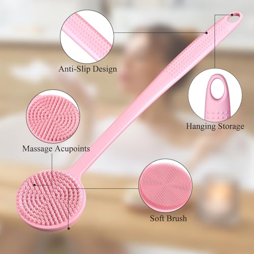 2 Pack Back Scrubber for Shower, 17in Lengthen Long Handle Body Brush, Double Sided Shower Brush for Shower Exfoliating and Massage Can Produce Rich Foam, Long Handle Back Scrubber for Men - color: 2pc-blue+pink