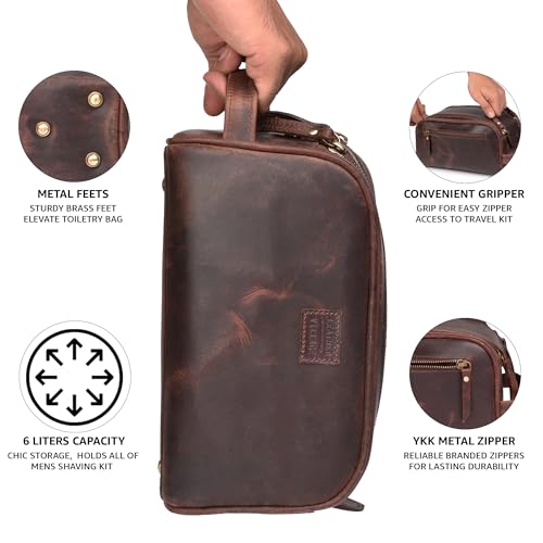 LEATHER VILLAGE Genuine Leather Toiletry Travel Bag With Waterproof Lining - Mulberry Brown | King-Size Handcrafted Vintage Dopp Kit Bag, Shaving & Bathroom Organizer, Gift for Men & Women - color: Mulberry Brown