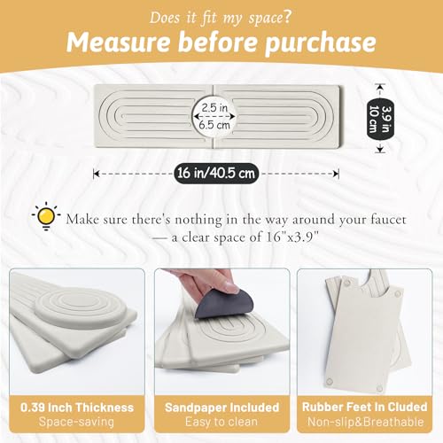 Quick Dry Stone Sink Splash Guard, 16" Extended Diatomaceous Earth Sink Absorbent Faucet Mat, Instant Drying Stone Tray for Kitchen & Bathroom Countertops, Aesthetic Home Decor Gift Women, Ash Grey - size: 16" x 3.9"