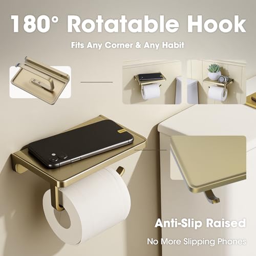 TRUSTMI Toilet Paper Holder with Shelf & Phone Stand | Brushed Gold Bathroom Storage, Solid Zinc Alloy, Wall Mounted | Holds 15lbs, Fits Jumbo Rolls - color: Brushed Gold, size: 7.1" x 4.3"