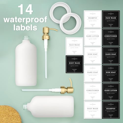 Vine Creations White Glass Soap Dispenser, 2 Pack Kitchen Soap Dispenser Set with Stainless Steel Pump, 16 oz Dish Soap and Hand Soap Dispensers for Bathroom with Waterproof Labels - color: Matte White Bottle / Brushed Gold Pump