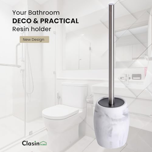 Clasin Home Toilet Bowl Brush and Holder with Stainless Steel Long Handle, Toilet Scrubber Brush with Durable Base, 360° Deep Cleaning Bristles for Bathroom, Compact Set for Small Space (White) - color: White