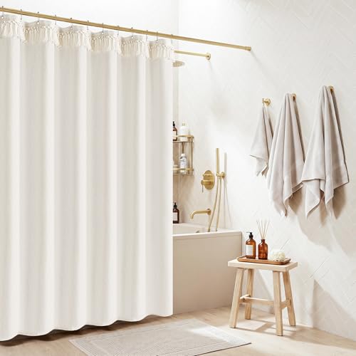 Cream Shower Curtain with Top Tassels Water Repellent 72x72 Inch | Boho Farmhouse Natural Elegant Aesthetic, Shower Curtains, Linen, Ivory, for Bathroom Decor, with Hooks Sets, 72 x 72 Inches - color: Natural - Top Tassels, size: 72"W x 72"L (Pack of 1)