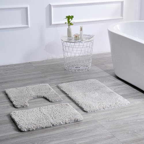 3 Pieces Luxury Bathroom Rug Set with U-Shaped Toilet Rug, Non-Slip Rubber Bottom, Thick Microfiber Fluffy Plush, Water absorption, Quick Dry, Ultra Soft, Bath Mats for Bathroom, Tub(Light Grey) - color: Light Grey