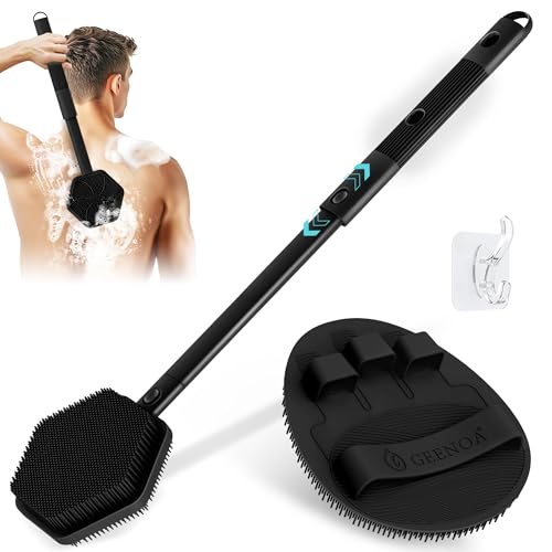 Silicone Back Scrubber & Soft Bath Glove 2PCS, 16''- 21''Extendable Back Scrubber with Dual-Side Large Head, 360° Anti-Slip Hand-fit Silicone Body Scrubber for Rich Foaming Deep Cleaning(Black) - color: Black*2