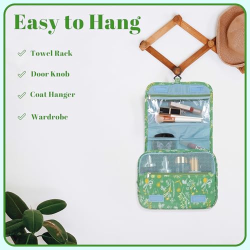 Pengxiaomei Hanging Toiletry Bag, Green Floral Waterproof Cosmetic Bag Portable Makeup Pouch Wash Bag with Handle for Woman Teen Girls Tea Party Summer Camp - color: Green