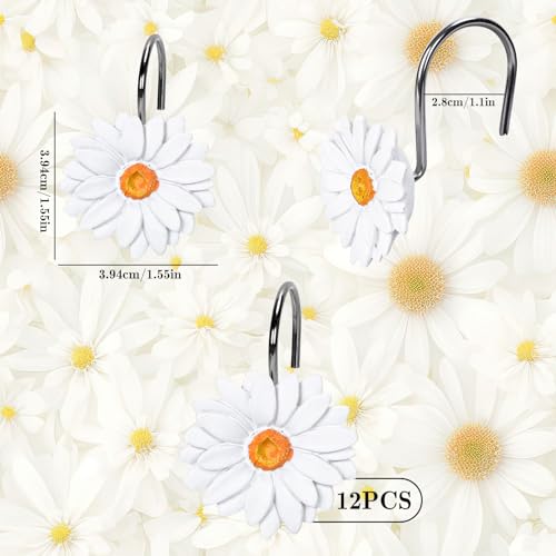 Whaline 12Pcs Spring Daisy Shower Curtain Hooks Summer White Flower Shower Rod Rings Boho Floral Decorative Curtain Hanger Hooks for Living Room Bedroom Bathroom Decor - color: White