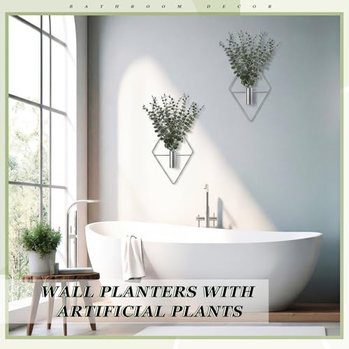 Jexine 4 Pcs Hanging Planters with Artificial Eucalyptus Metal Hanging Vase Indoor Plants Holder Modern Geometric Boho Bathroom Wall Decor for Living Room Home Office (Eucalyptus,Silver) - color: Silver, size: Eucalyptus