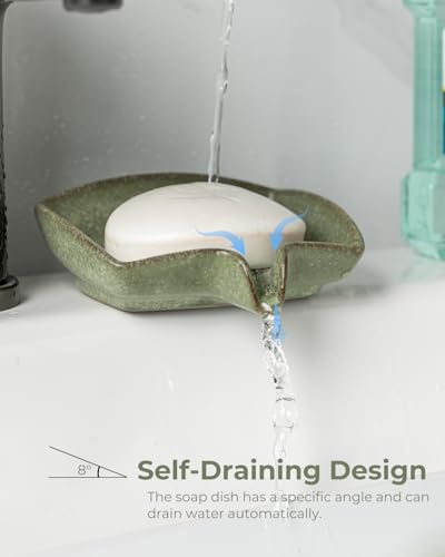 Self Draining Soap Dish, Ceramic Drain Soap Holder Waterfall Design Soap Saver for Shower, Bathroom, Sink, Kitchen and Countertop, Keeps Dry, Green - color: Green, size: Rectangular