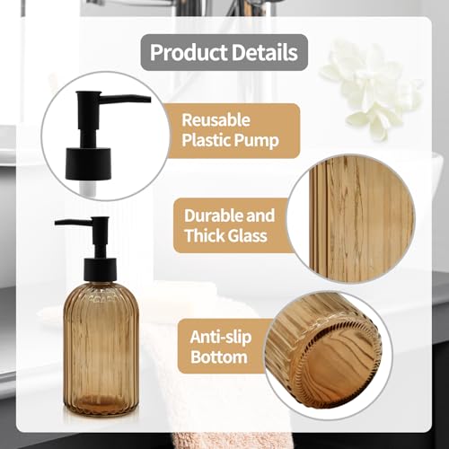 14oz Amber Glass Soap Dispenser with Black Pump – Refillable for Hand Soap, Dish Soap, Lotion, Suited for Kitchen, Bathroom & Laundry Room (Brown) - color: Brown