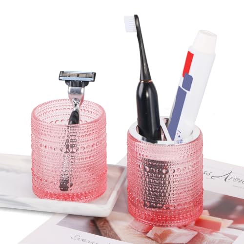Pink Toothbrush Holders for Bathrooms, Glass Toothbrush Holder with 2 Slot Divider, 10oz Bathroom Tumbler and Mouthwash Cup, Tooth Brush Holder for Brushes, Toothpaste - color: Pink