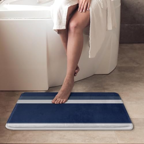 ArtSocket Navy Grey Nautical Bathroom Set with Shower Curtain and Bath Rugs and Accessories, Striped Modern Non-Slip 3 Pcs, 72" L x 72" W Curtain, 23.6" L x 15.7" W + 19.7"x 31.5" Rugs - color: Navy Grey