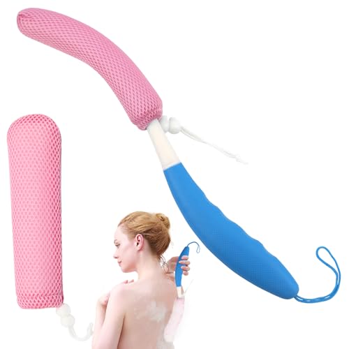 15.35" Back Bath Brush with Sponge,Back Scrubber Bath Mesh with Curved Long Handle Bath Body Brush for Elderly Aid Bathing and Shower - size: Pink+Blue Handle