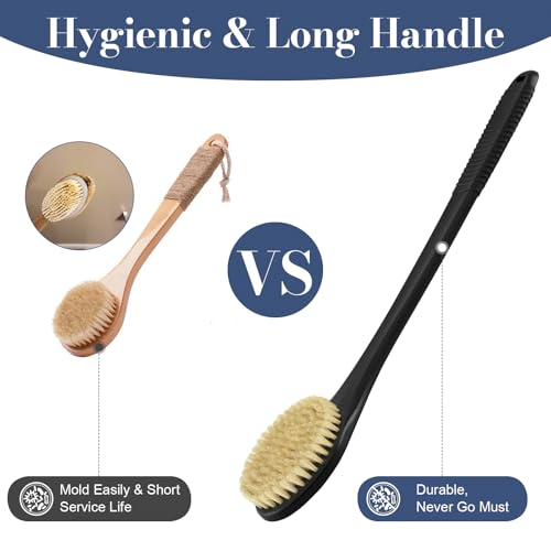 Back Scrubber for Shower, Shower Body Brush for Cleaning with Long Handle for Showering, 17 Inch Back Washer Exfoliator for Shower Men Women with Non-Slip Handle, Adhesive Hook (Black-Boar Bristles) - size: Black - Boar Bristles