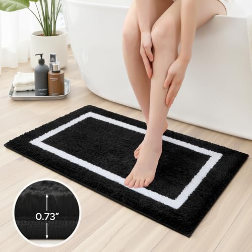 HOMEIDEAS Bathroom Rugs Sets 2 Piece, Super Soft and Absorbent Microfiber Tufted Bath Mats, Non-Slip and Machine Washable Bath Rugs(Black and White) - color: Black