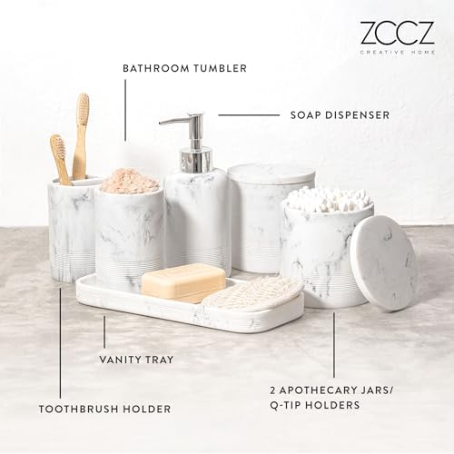 ZCCZ White Marble Bathroom Accessories Set 6 Pieces - Toothbrush Holder, Lotion Dispenser, Qtip Container, Vanity Tray, Tumbler - Countertop Organizer for Bathrooms - Elegant and Functional Décor Set - color: White Marble, size: 6pcs