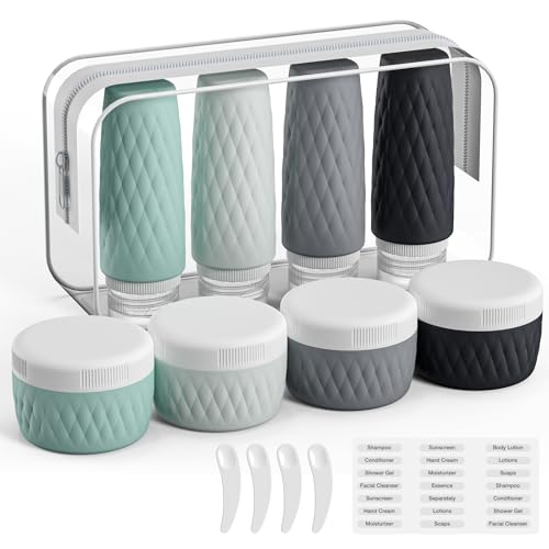 kuangre 8 Pack Travel Bottles for Toiletries - 3 OZ / 90 ML, | Leak Proof Silicone Containers with Clear Bag, Travel Size Toiletries for Lotions, Creams, Foundation, Shampoo, body wash and More | - color: Grey