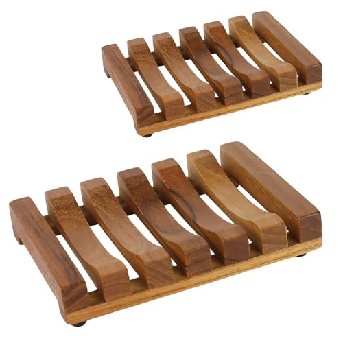 HTB 2 Pack Slotted Bar Soap Holder Teak Wood for Bathroom | Kitchen Wooden Sponge Holder, Self Draining Soap Dish for Shower, Sink, Bathroom, Bathtub, RV,Soap Saver Keep Soap Dry - color: 2pcs