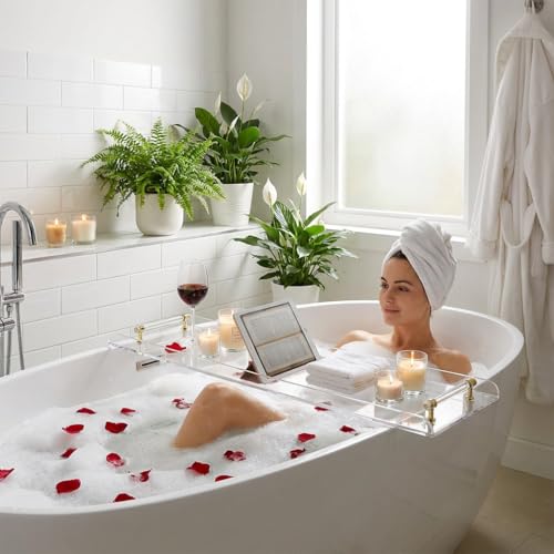 Bathtub Tray, 1 or 2 Person Bath and Bed Luxury Bathtub Caddy Tray Clear Acrylic Bathtub Caddy Tray with Gold Handles Accessories for Bath Tub, 31x9 Inch