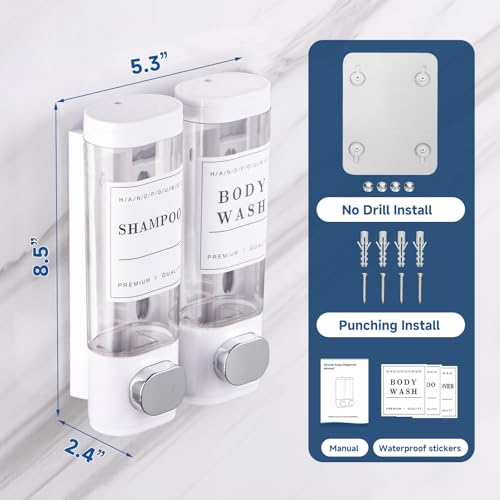 Shampoo and Conditioner Dispenser Bathroom Shower Soap Dispenser Wall Mounted Shampoo Dispenser for Shower Wall No Drill 2 * 300ml White 2 Chamber with Waterproof Labels Self - color: White 2