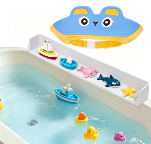 Bathtub Splash Guard for Kids, 2-in-1 Bath Toy Organizer Tub Shelf | Stops bathtub splashes, Keeps floors dry, 11 strong suction cups, Flexible safe silicone, Bonus kids shower cap - color: grey