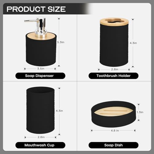 Bamboo Bathroom Accessories Set 4 Pcs, Black Bathroom Accessory Set with Soap Dispenser and Toothbrush Holder, Soap Dish and Mouthwash Cup, Boho Bathroom Decor - color: Black