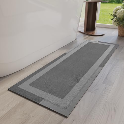 YDKGL Non Slip Long Bath Mat Bathroom Runner, Rubber Backing Ultra Thin Bathroom Rugs Fit Under Door Quick Dry Super Absorbent Washable Bath Rug Shower Mat for Bathtub Sink Floor, Dark Gray 17"x47" - color: A- Dark Gray, size: 17” x 47“