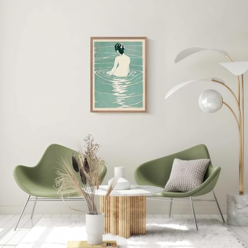 Framed Canvas Japanese Wall Art Modern Print Poster Picture Minimalist Woman in Water Painting Gallery Style Home Wall Decor Living Room Bedroom Bathroom Office 16X24 Inch Ready to Hang - color: Green White Woman, size: 16L" x 24W"
