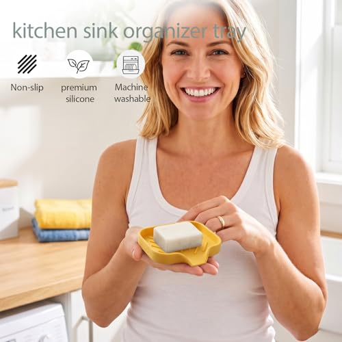MicoYang Silicone Soap Dish with Drain Spout, Self-Draining Sink Organizer Tray for Bathroom and Kitchen, Sponges, Dispensers and Soap Holder, Non-Slip & Dishwasher Safe, Yellow (Compact, 4.9"×3.2") - color: Yellow, size: S(4.9"×3.2")