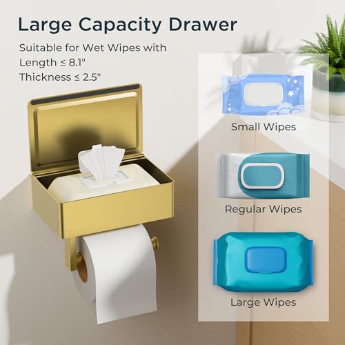 FORIOUS Toilet Paper Holder with Shelf, Sanitary Napkin Receptacle Tampon Holder, Wall Mount Toilet Paper Holder with Storage, Flushable Wipes Dispenser Fits for Bathroom Commercial(2, Brushed Gold) - color: Brushed Gold, size: 2 Pack-8" (L)