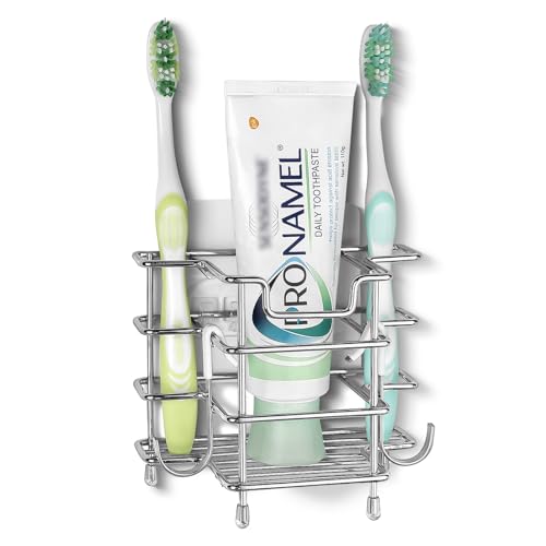 Linkidea Self Adhesive Toothbrush Holder for Shower, Stainless Steel Toothpaste Organizer, 3 Slots Wall Mount/Countertop Stand Compatible with Colgate Extra Clean, Oral-B CrossAction - color: Silver