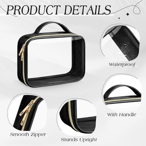 Abbylike 6 Pcs Clear Makeup Bags Bulk 7.9 x 5.9 x 2.4 Inches Quart Size Approved PU Leather Toiletry Bag with Handles Small PVC Clear Travel Cosmetic Case for Women Wedding Bridal Gifts(Black) - color: Black