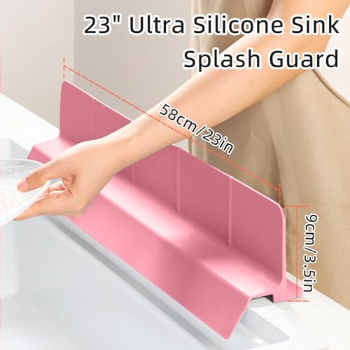 23" Ultra Silicone Sink Splash Guard Released in 2026,Self-Draining Water Splash Guard for Kitchen Sink,Bathroom and Island,with 3.5" High Splash Guard & 7 Strong Suction Cup (Pink) - color: Pink