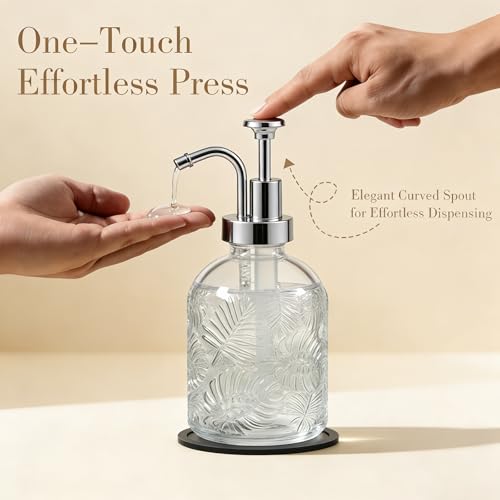 11.8Oz Vintage Glass Bathroom Soap Dispensers with Silver Pump, Refillable Kitchen Dish Soap Dispenser with Embossed Leaf, Modern Farmhouse Hand Soap Liquid Bottle -1 Pack - color: Clear/White Silver, size: 1Pack