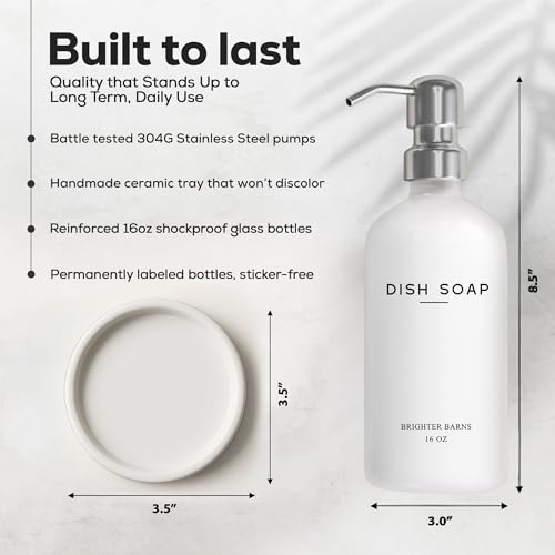 White Glass Dish Soap Dispenser for Kitchen Sink by Brighter Barns - Modern Kitchen Soap Dispenser Set - Refillable Glass Bottle with Pump - Neutral Minimalist Home Decor in Airbnb, Restaurant (White) - color: Silver D