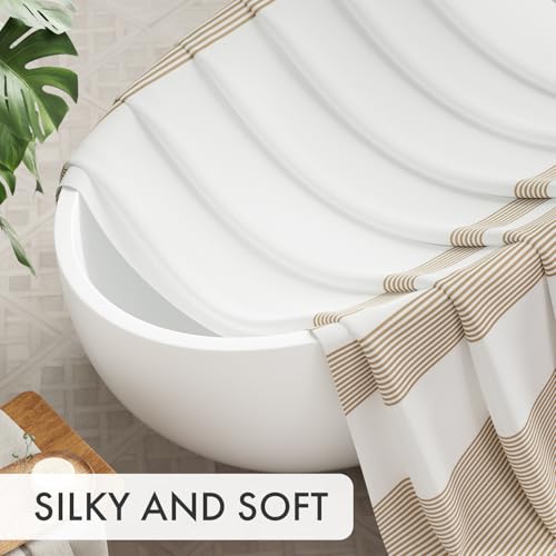 AmazerBath Beige Shower Curtain, 72x72 Washable Cloth Neutral Light Tan Shower Curtain with 12 Hooks, Fabric Khaki and White Striped Set, Farmhouse Bathroom Shower Curtain - color: A- Khaki Stripe +12 Metal Hooks, size: 72"W x 72"L (Pack of 1)