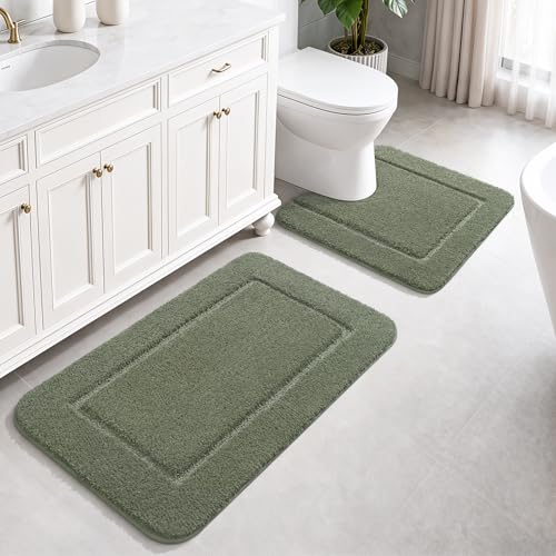LOCHAS Bathroom Rug Set Sage Green, Soft Bath Rug Set 2 Piece, Toilet Mat U-Shaped 24x24 and 34x21 Bath Rugs, Quickly Dry Mats for Bathroom, Tub, Washable, Super Absorbent Floor Mat - color: Sage Green, size: 34" x 21" Plus 24" x 24" (U-Shape)