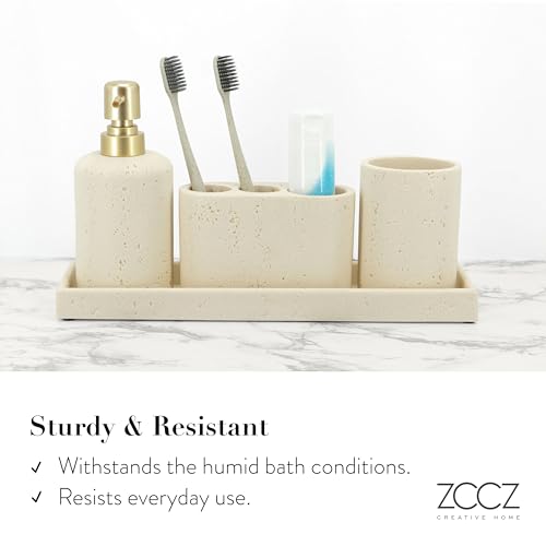 ZCCZ -Beige Bathroom Accessories Set 4 Pcs - Toothbrush Holder, Soap Dispenser, Vanity Tray, Bathroom Tumbler - Countertop Vanity Organizer - Bathroom Accessory Set- Toothbrush Holder Set, Stone Sets - color: Beige, size: 4pcs