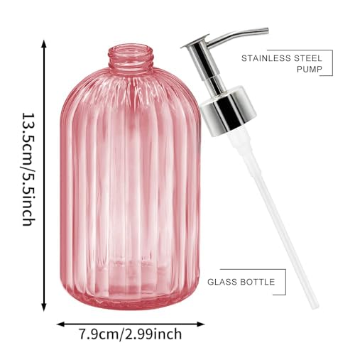 2 Pack Pink Glass Soap Dispenser Bottle with Pump, 14 Oz Refillable Liquid Hand Jar Dispenser for Bathroom, Countertop, Kitchen, Laundry Room - color: Pink