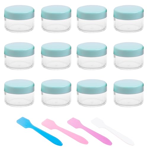 12 Pcs 15ml/0.5oz Small Travel Containers, 4 Pcs Makeup Spatula, Clear Plastic Cosmetic Jar Refillable Roun for Lotion Cream Products Sample Bottles, Plastic with Screw on Lid Container (green) - color: green