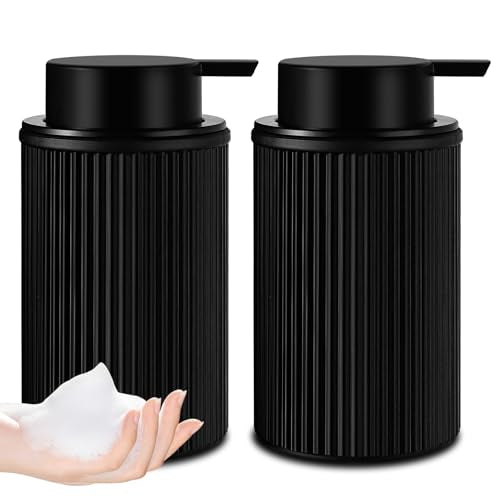 KASUNTING Matte Black Foaming Soap Dispenser, 2 Pack Ribbed Glass Foam Hand Soap Dispenser for Bathroom, Refillable Foaming Pump Bottle with Black Pump, Modern Dish Soap Foam Dispenser - color: Black Bottle+ Black Pump, size: Foam-2 Pack