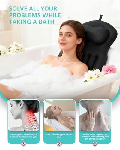 Full Body Bath Pillow for Bathtub, 5D Thick Tub Pillow for Bathtub with 192 Non-Slip Suction Cups, Laundry Bag & Hook, Bathtub Pillow for Head, Neck & Back Support (Black, 51"*15") - color: Classic Black