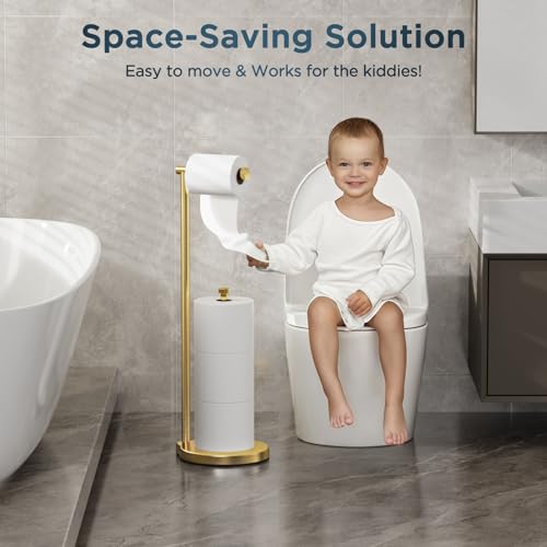theaoo Heavy-Duty Toilet Paper Holder Stand – Modern Freestanding Bathroom Toilet Tissue Paper Roll Holder with Reserve & Storage, Stainless Steel (Brushed Gold, Free Standing) - color: Brushed Gold