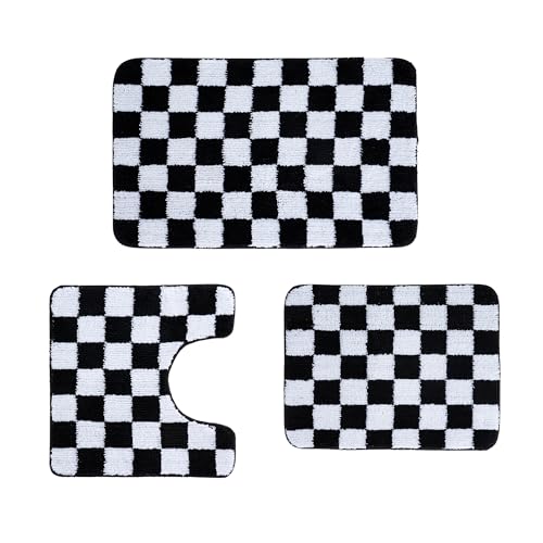 Bathroom Rugs Sets 3 Pieces Microfiber - Upgrade Non-Slip TPR Bottom- Quick Dry - Machine Wash for Bedroom, Tub, Living Room (Checkerboard) - color: Checkerboard