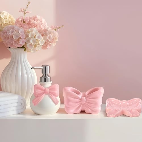 Pink Cute Ceramic Bathroom Accessories Set 3 Pcs - White Bowknot Soap Dispenser, Toothbrush Holder, Soap Dish - Modern Coquette Preppy Bathroom Decor & Apartment Essentials (Classic) - color: Pink