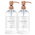 Vine Creations Clear Glass Soap Dispenser, 2 Pack Kitchen Soap Dispenser Set with Stainless Steel Pump, 16 oz Dish Soap and Hand Soap Dispensers for Bathroom with Waterproof Labels - color: Clear Bottle / Copper Pump
