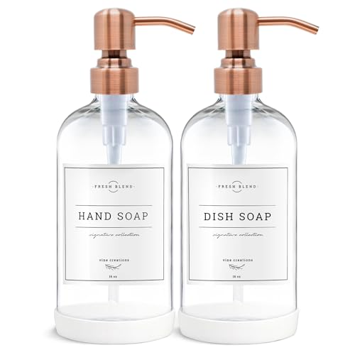 Vine Creations Clear Glass Soap Dispenser, 2 Pack Kitchen Soap Dispenser Set with Stainless Steel Pump, 16 oz Dish Soap and Hand Soap Dispensers for Bathroom with Waterproof Labels - color: Clear Bottle / Copper Pump