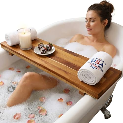 EcoDecors, 34 inch, Bath Tray for Tub, Bath Tub Tray Wood, Bathtub Table, Caddy for Bathtub in Natural Teak - style: 34"- No Handles